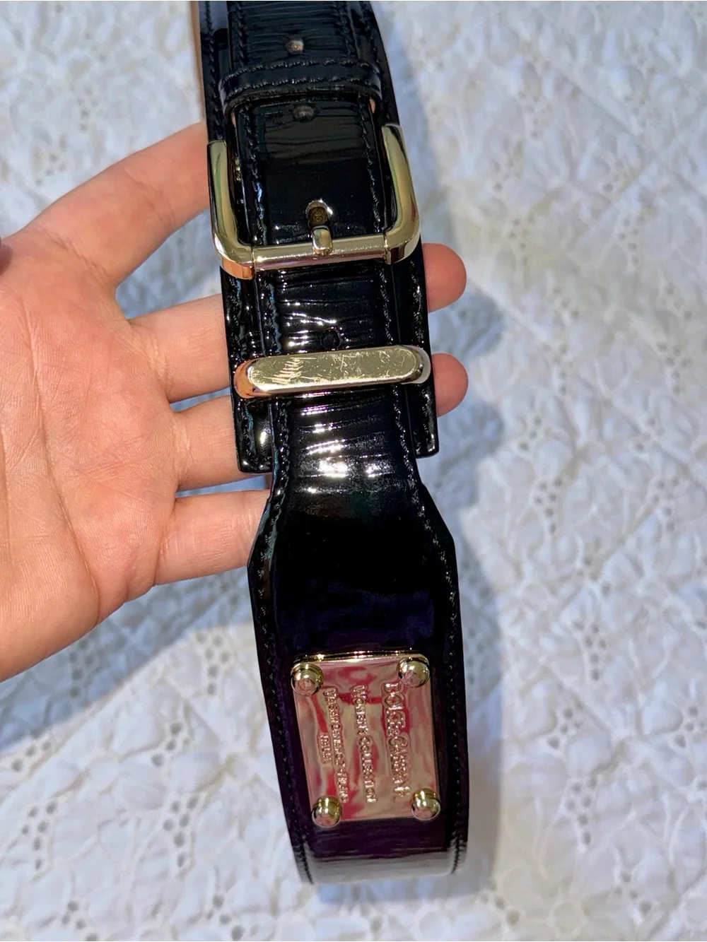 Dolce & Gabbana Black Patent Leather Belt with Gold Plaque